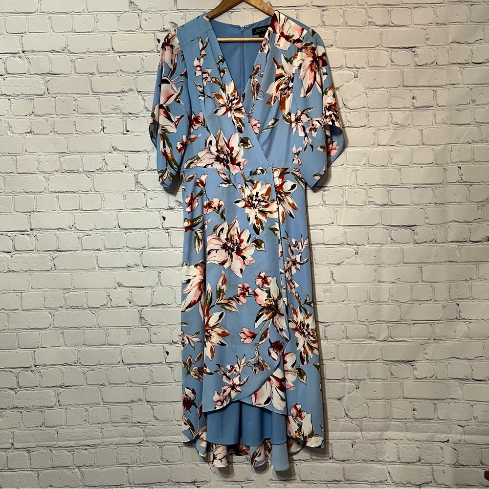Tahari ASL Floral Faux-Wrap High-Low Midi Dress Blue Size 8